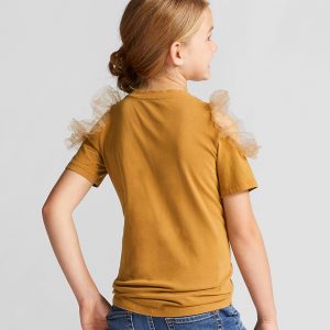 Girls' Cold Shoulder Short Sleeve T-Shirt with Tulle - Orange