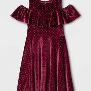 Girls' Cold Shoulder Velvet Dress - Burgundy