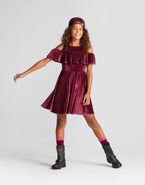 Girls' Cold Shoulder Velvet Dress - Burgundy